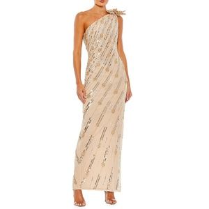 Mac Duggal Cream Asymmetrical Sequin Gown
